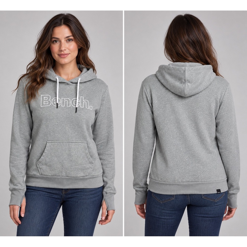 Bench Womens Gray Marl Logo Hoodie Sweatshirt Thumbholes Size Large